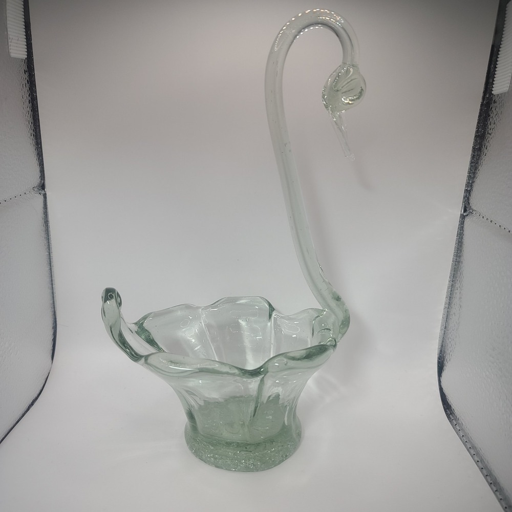 Vintage Hand Blown Light Green with Bubbles Art Glass Swan Crackle Bottom Heavy